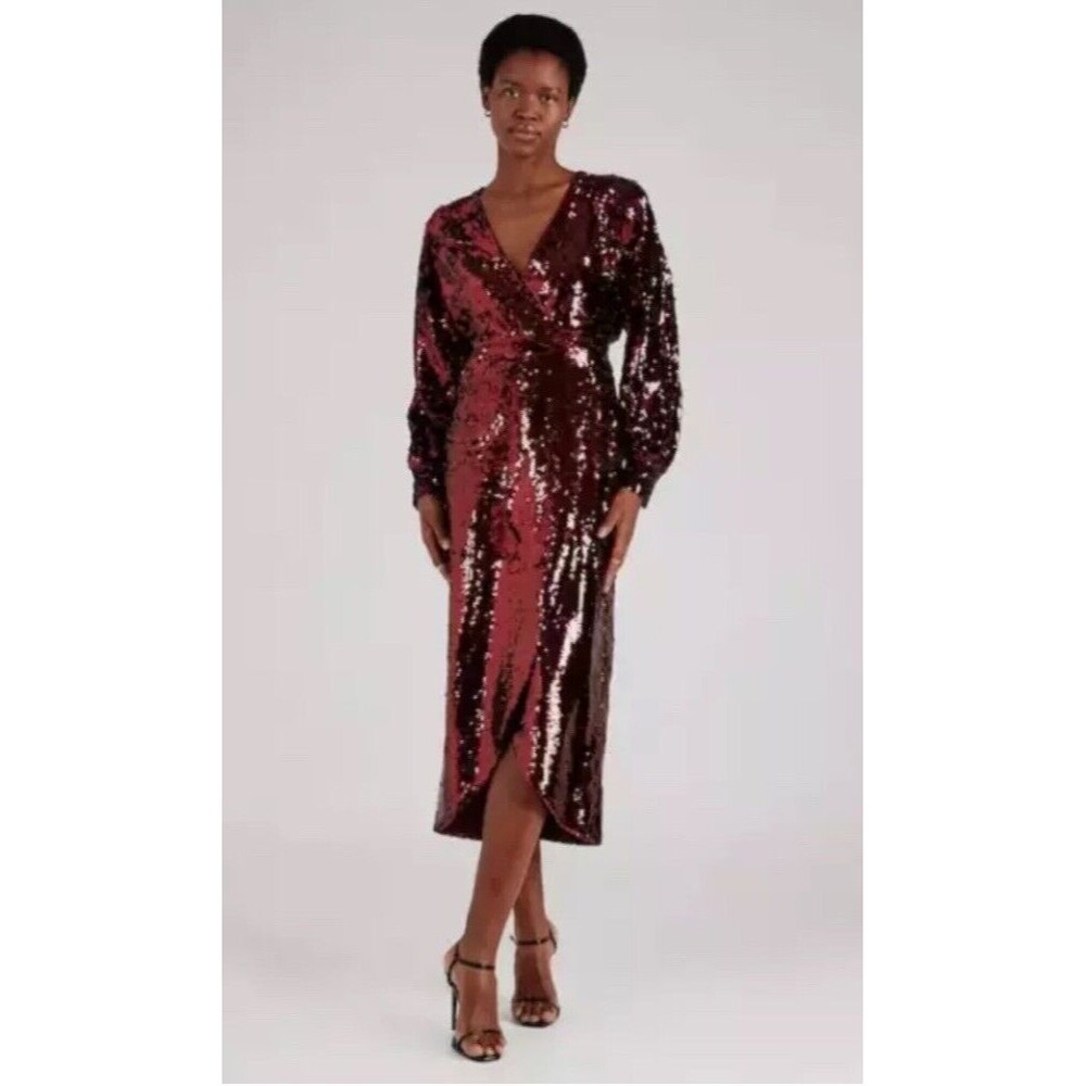 NWT $495 Ted Baker Emmalee Plunge Neck Wine Sequin Midi Crossover‎ Dress 5 12 L